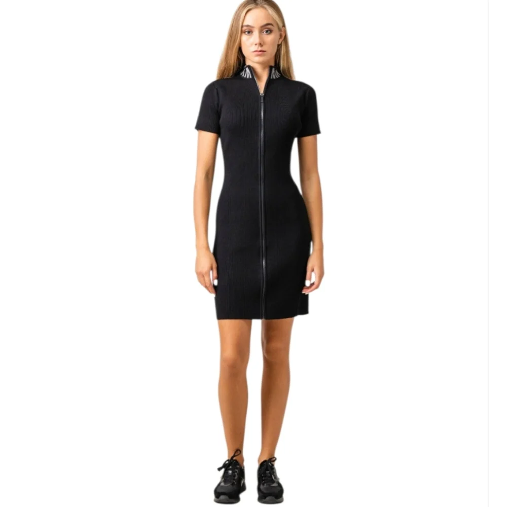 Nwot Michael Kors Black Ribbed Knit MK Logo Neckline Shortsleeve Zipfront Dress - Picture 11 of 17